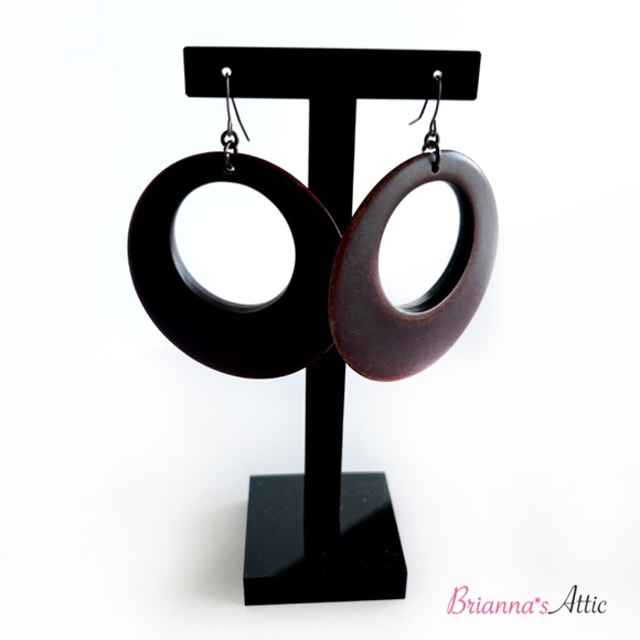 Wood finish designer round dangling earrings, brown - Picture 2 of 9